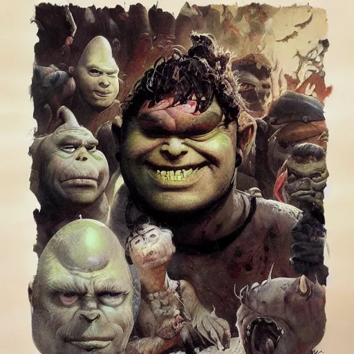 Image similar to grinning grimpunk vile reprobate portrait portrait Cyclops Cyclops Cyclops Polyphemus shrek with tombow norman rockwell greg rutkowski frank frazetta alexandre briclot Dave Dorman splatterpaint