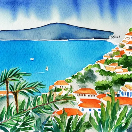 Prompt: watercolor illustration of a greek-inspired tropical island with a coastal port city, white and blue watercolors