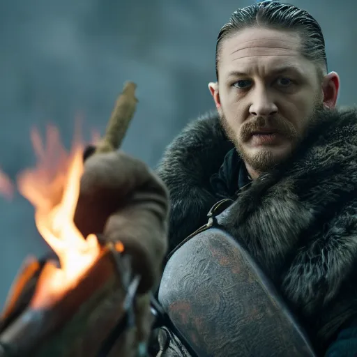 Image similar to A cinematic film still of Tom Hardy starring as Eddard Stark with flaming sword, portrait, 40mm lens, shallow depth of field, split lighting, cinematic