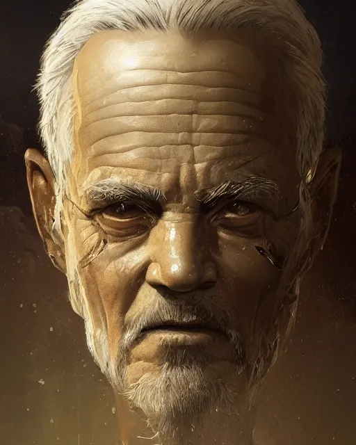 Image similar to An old man looking in a golden mirror, beautiful face, highly detailed face, close-up, fantasy art, male art, in the style of greg rutkowski, illustration, epic, fantasy, intricate, hyper detailed, artstation, concept art, smooth, sharp focus, ray tracing