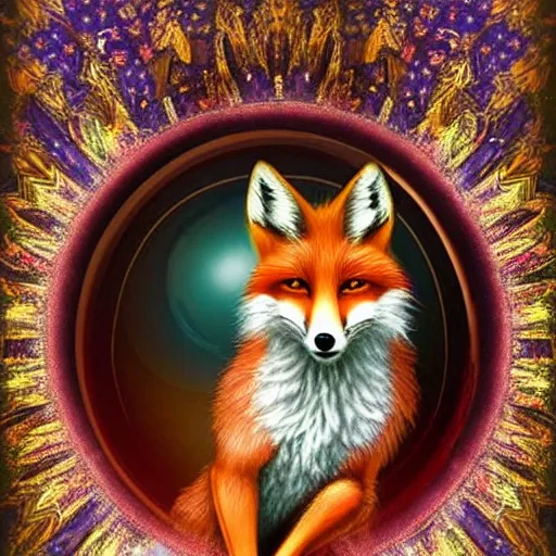 Image similar to anthropomorphous fox wearing gypsy clothing, looking into a magical crystal ball