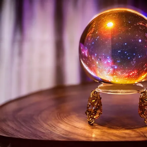 Prompt: a whole galaxy inside a crystal ball standing on a mahogany stand on a table in a tent with a beautiful fortune teller woman. Highly detailed, cinematic quality, 8k