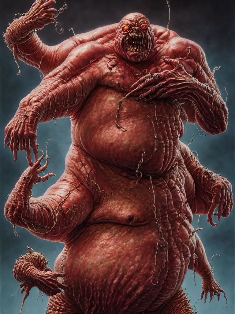 Image similar to hyperrealistic rendering, fat smooth cronenberg flesh monster ornate heavy metal overlord by donato giancola and greg rutkowski and wayne barlow and zdzisław beksinski, eyeballs, epic boss battle, product photography, action figure, sofubi, studio lighting, colored gels, colored background