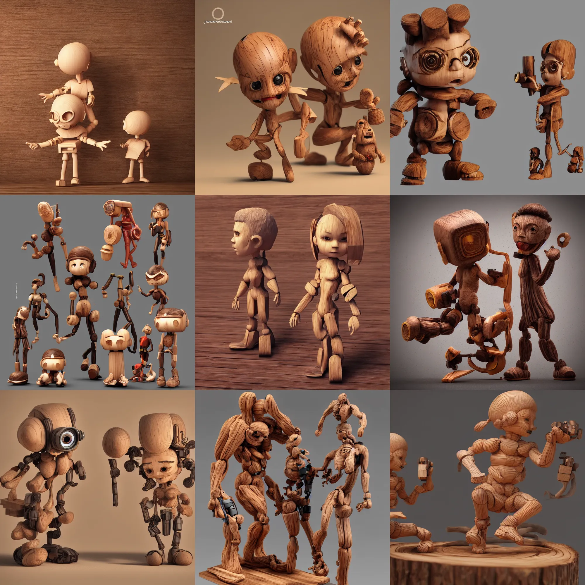 Prompt: 3 d octane render ultra photo realistic, wood figurine cute wood cyberpunk popart chamberlain john