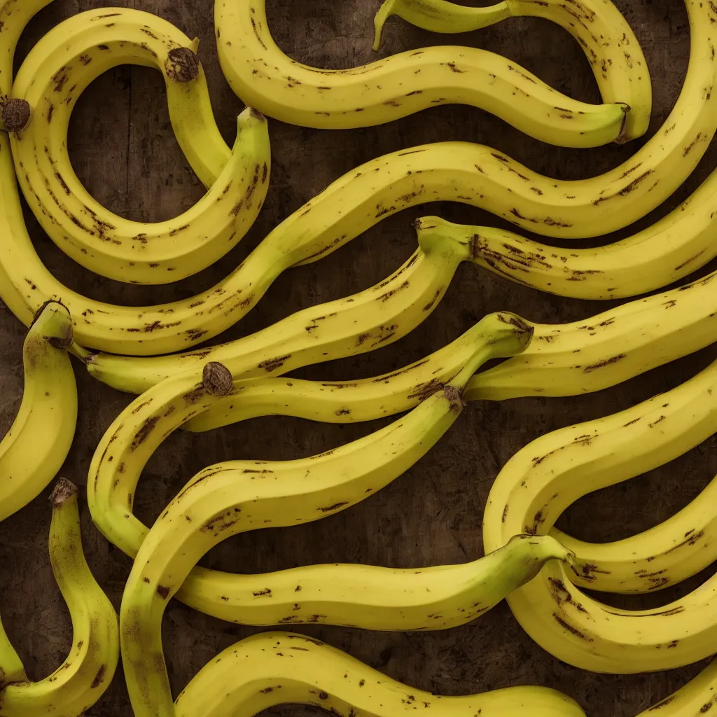 Image similar to circular loop fractal bananas that grow like a banana coral, banana stems, roots. closeup, hyper real, food photography, high quality