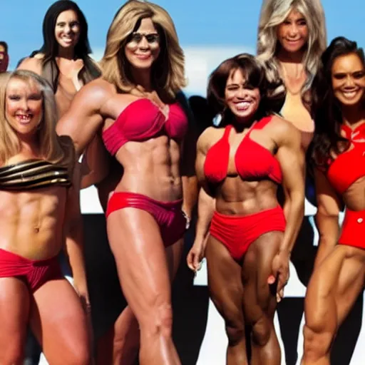 Image similar to extremely buff Donald Trump, steroids, testosterone, lifting weights, laughing, surrounded by women in swimsuits