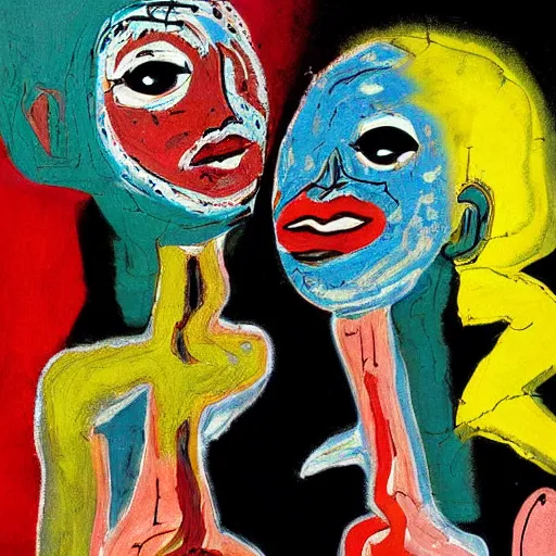 Image similar to beautiful painting of two bizarre psychedelic women kissing each other closeup in a cafe in japan, speculative evolution, mixed media collage by basquiat and jackson pollock, magazine collage art, sapphic art, lesbian art