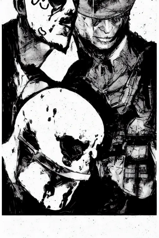 Image similar to Rorschach and The Comedian aka Edward Morgan Blake from the movie Watchmen painted by Dave Gibbons, Greg Rutkowski and Norman Rockwell, Sadamoto Yoshiyuki, Yoki Shinkawa, high detailed perfect faces, trending on Artstation, page scan from book, watchmen comics color scheme, noisy film grain effect, super wide shot, 30mm, intricate, fine details, trending on artstation