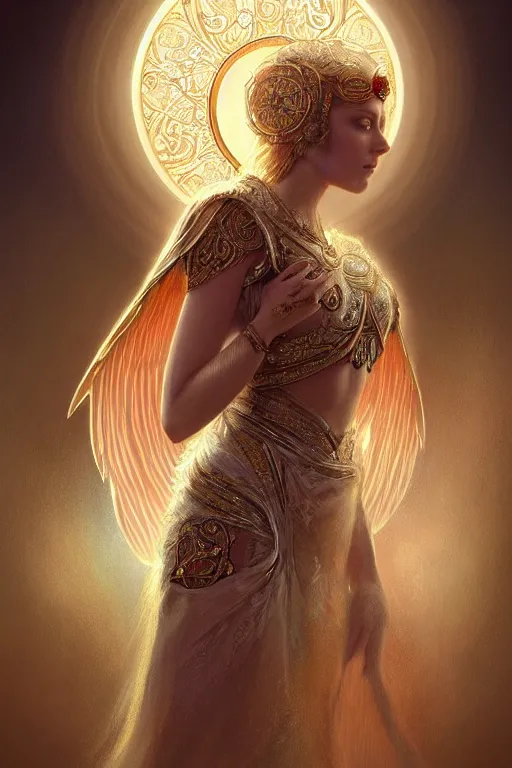 Prompt: A beautiful digital painting of a female Seraphim, intricate jewels, princess, the sun behind her, intricate, cinematic lighting, highly detailed, digital painting, Artstation, concept art, smooth, sharp focus, illustration, art by Tom Bagshaw, Artgerm and Greg Rutkowski