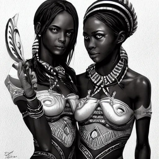 Prompt: beautiful Zulu goddesses holding hands, focused, worried, highly detailed, artstation, concept art, sharp, illustration, art by artgerm and beeply