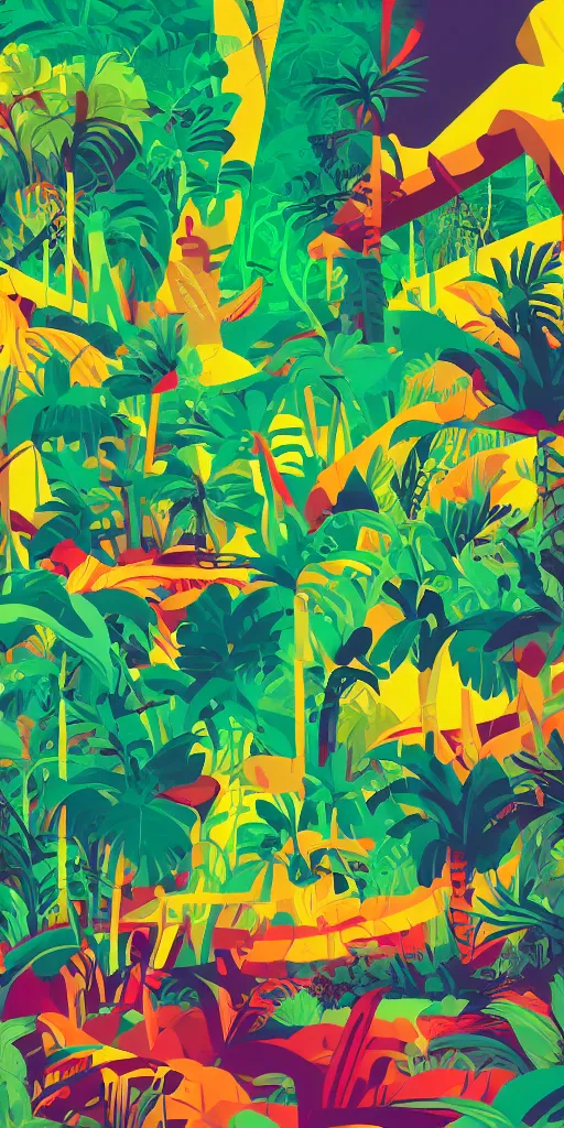 Prompt: cursed multicolored jungle with vibes hanging, green and yellow, tom whalen, james gilleard, liam brazier, tristan eaton