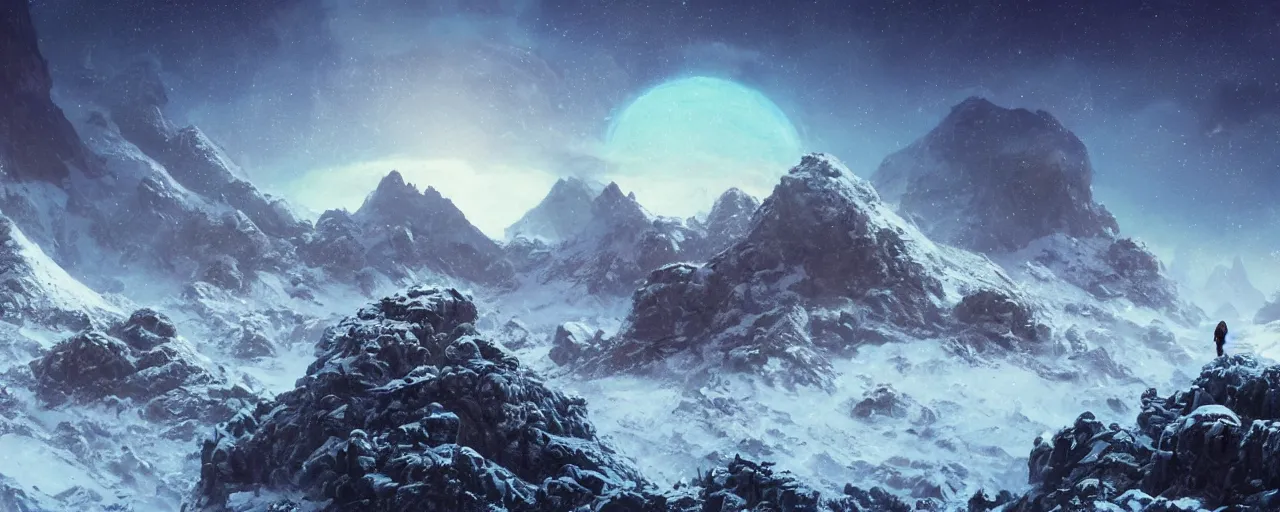 Image similar to ” outer planet with a rugged snow topped mountain range, [ art by paul lehr, cinematic, detailed, epic, widescreen, opening, establishing, mattepainting, photorealistic, realistic textures, octane render ] ”