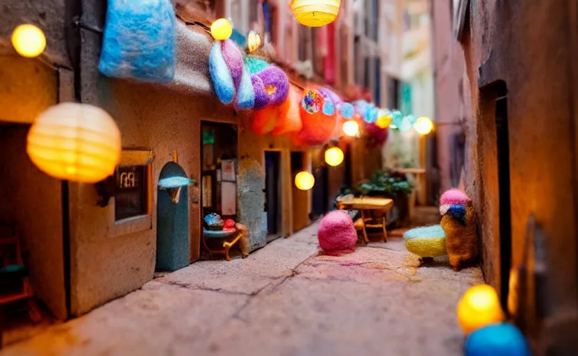 Image similar to mini cafe diorama macro photography, alleyway, cafe for felted animals, ambient, colorful paper lanterns, atmospheric photograph, string lights, romantic