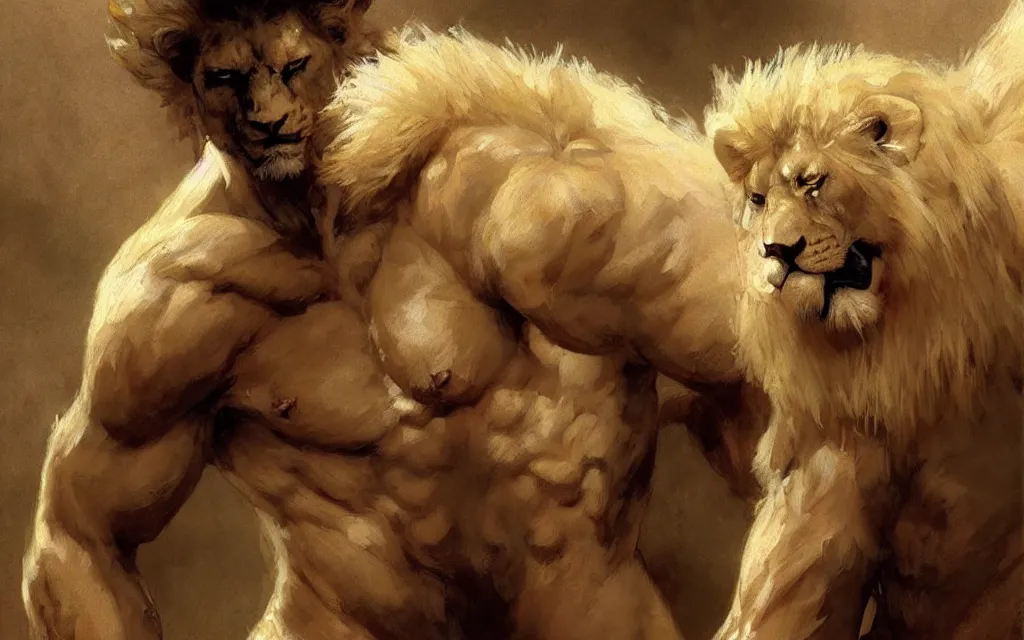 Image similar to muscular male furry albino lion young handsome male dnd, muscle, painting by gaston bussiere, craig mullins, greg rutkowski, yoji shinkawa