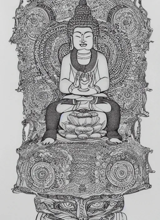 Prompt: detailed pen and ink illustration of a Buddhist bodhisattva with a bears head, anthropomorphic, all drawn with micron, seated in royal ease, 0.2 black micron pen on white paper, highly detailed, fine pen work, white background, in the style of Olivia Kemp