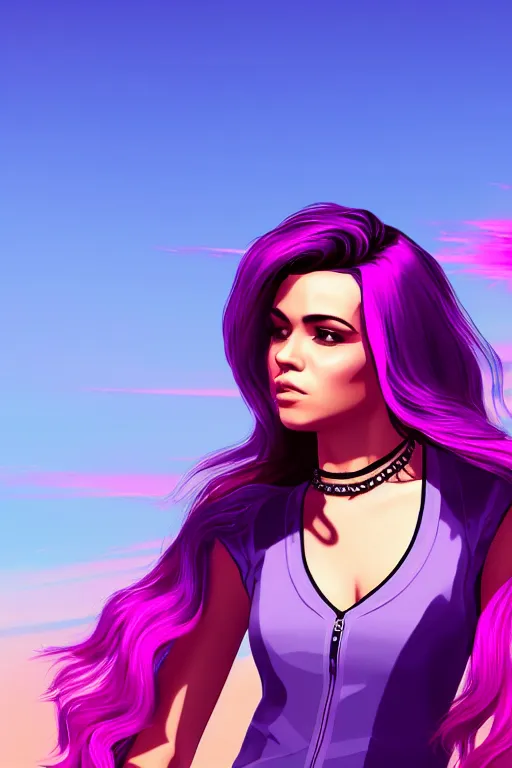 Image similar to a stunning GTA V loading screen with a beautiful woman with ombre purple pink hairstyle, hair blowing in the wind, outrun, vaporware, retro, digital art, trending on artstation