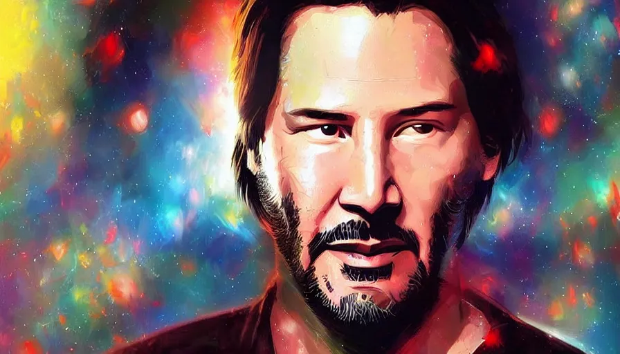 Image similar to Keanu reeves floating in space with extatic facial expression, digital art, artstation, artgem