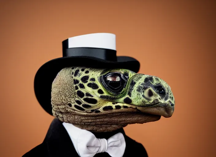 Image similar to photo still of a tortoise wearing a top hat and bowtie, 8 k, studio lighting bright ambient lighting key light, 8 5 mm f 1. 8