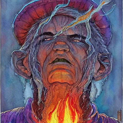 Prompt: very old shaman burns from the inside out, sould explodes, old gray haired mexican mage burn fire, close his eyes with no pain, watercolor ink painting, in the style of jean giraud, in the style of moebius trending on artstation deviantart pinterest detailed realistic hd 8 k high resolution