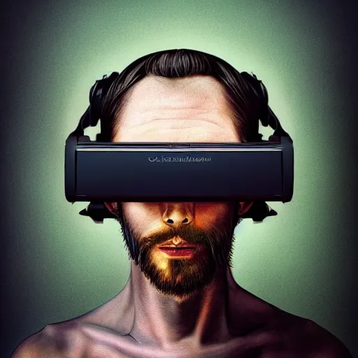 Prompt: Colour Caravaggio and DaVinci style full body portrait Photography of Highly detailed Man with 1000 years old perfect face wearing highly detailed sci-fi VR headset designed by Josan Gonzalez. Many details In style of Josan Gonzalez and Mike Winkelmann and andgreg rutkowski and alphonse muchaand and Caspar David Friedrich and Stephen Hickman and James Gurney and Hiromasa Ogura. Rendered in Blender and Octane Render volumetric natural light