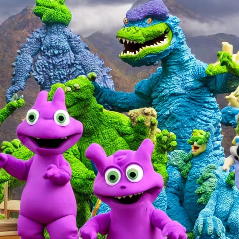 Image similar to Barney and Friends, Godzilla