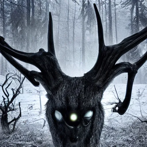 Prompt: trail cam footage of a wendigo, horror, hyper realistic, photorealistic, highly detailed