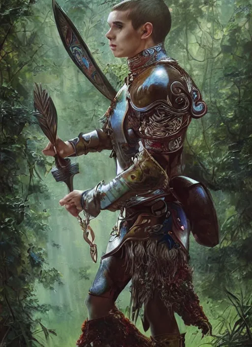 Image similar to a portrait painting of an elder male elf fighter in leather armour on a beautiful lush forest meadow, morning, art by Tristan Eaton, Stanley Artgerm, Tom Bagshaw, Greg Rutkowski, Carne Griffiths