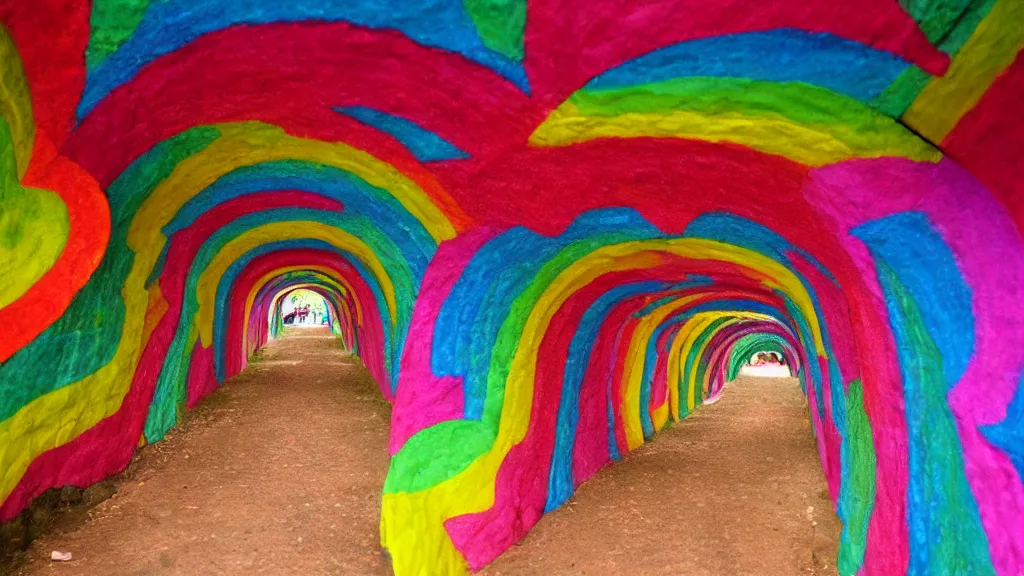 Prompt: A tunnel made out of hearts, rainbow color scheme