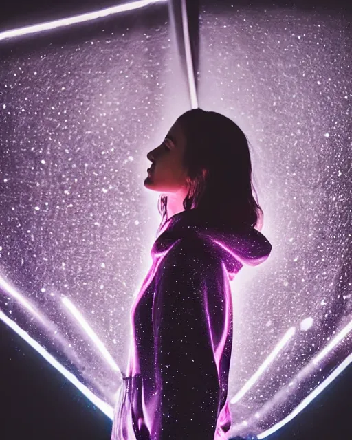 Image similar to a closeup portrait of as beautiful young woman wearing a transparent hoody standing in the middle of a busy night road, raining with lots on neon lights on the background