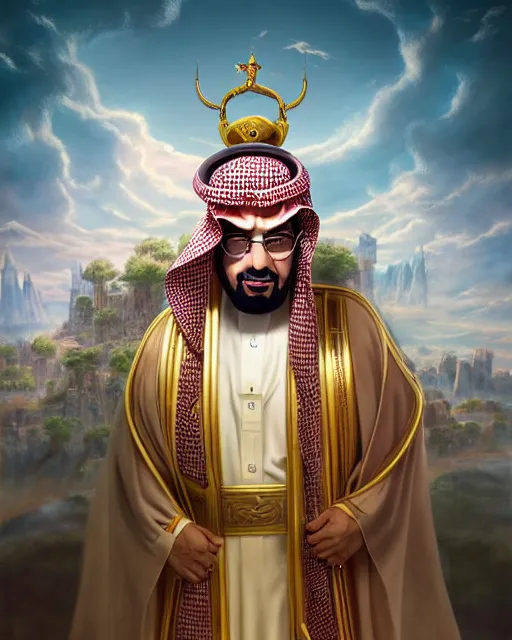 Prompt: an epic fantasy comic book style full body portrait painting of saudi king , elegant, character design by Mark Ryden and Pixar and Hayao Miyazaki, unreal 5, DAZ, hyperrealistic, octane render, cosplay, RPG portrait, dynamic lighting, intricate detail, summer vibrancy, cinematic