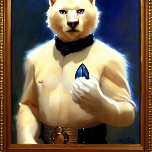 Image similar to a portrait of a manly bear white cat feline, blue eyes, star trek the next generation. highly detailed painting by gaston bussiere, craig mullins, j. c. leyendecker, furry