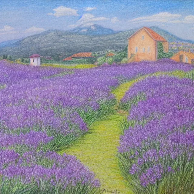 Image similar to lavander field in italian landscape, colored pencil drawing