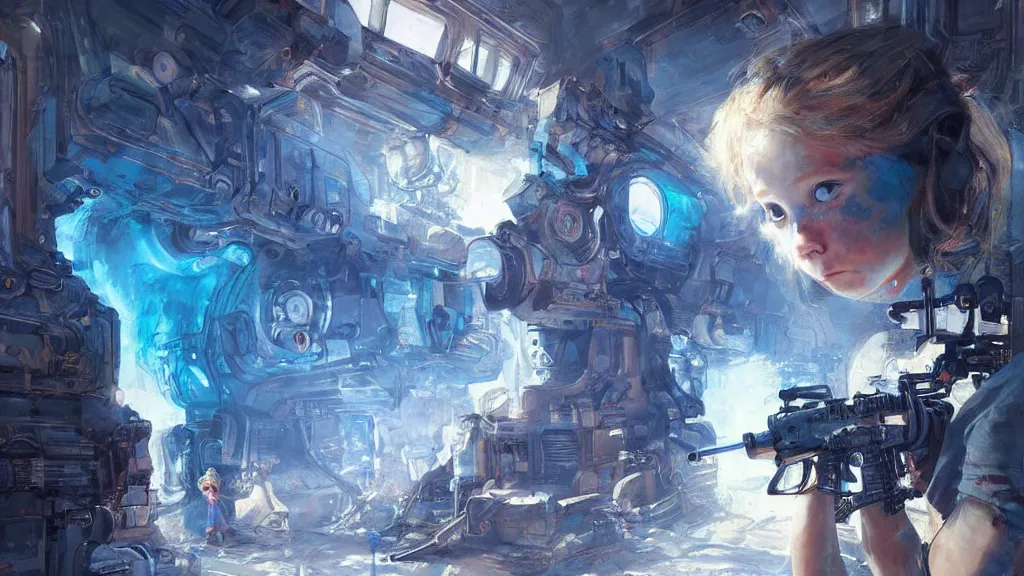 Prompt: portrait of the little girl with blue eyes is melted under machinegun fire because someone must melt, digital art, illustration, highly detailed, art by finnian macmanus