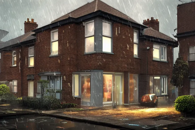 Image similar to cyberpunk, an estate agent listing photo, external view of a 5 bedroom detached city house in the UK, it's raining, by Paul Lehr, highly detailed, photorealistic, unreal engine, 8k,