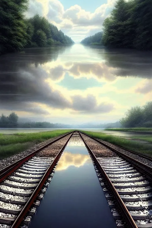 Image similar to shallow reflective water completely covers submerged invisible train tracks as a girl carries her shoes, there is a train station in the distance and large white clouds on a wide horizon, intricate, elegant, highly detailed, digital photo, artstation, concept art, smooth, sharp focus, art by artgerm and greg rutkowski and fra angelico