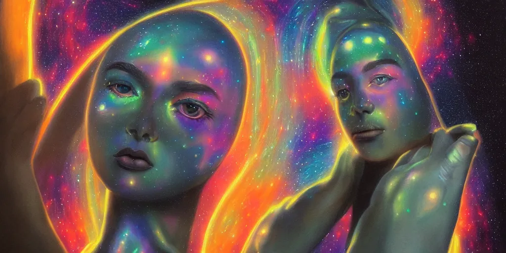 Image similar to patron saint of 🛸🌈👩🏾, futuristic iridescent clothing, wormhole, nebula, black hole, aries constellation, multiverse, neon god of city character portrait, in the style of margaret keane, moebius, tom bagshaw, and waterhouse, cinematic lighting, beautiful, elegant, oil painting,