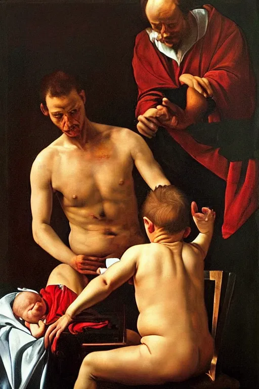 Prompt: hyper realistic oil painting of a handsome man sitting in a gilded chair with tubes coming out of his arm, getting a blood transfusion from a baby in the background. dark. in the style of caravaggio