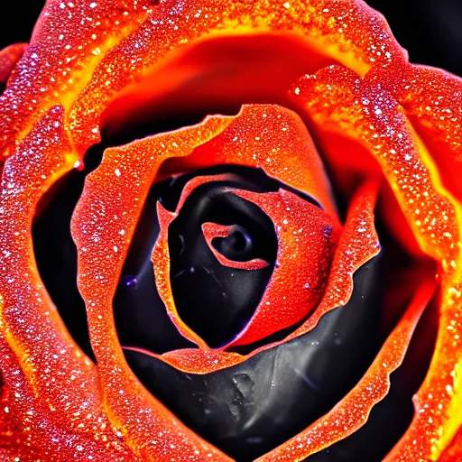 Image similar to award - winning macro of a beautiful black rose made of glowing molten magma