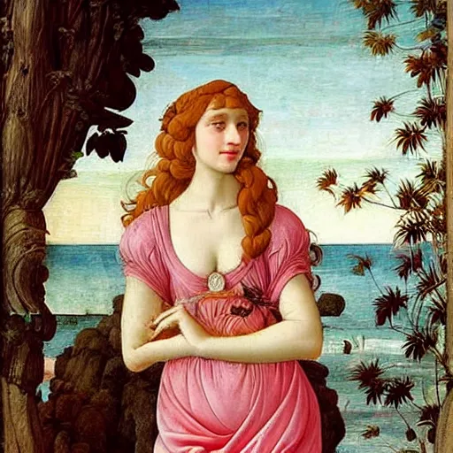 Image similar to an hyperrealistic mythological oil painting of venus with long curly brown hair, full body, wearing pink floral chiton, sing n a giant scallop shell, near the seashore, intricate lines, elegant, renaissance style, by sandro botticelli and william waterhouse