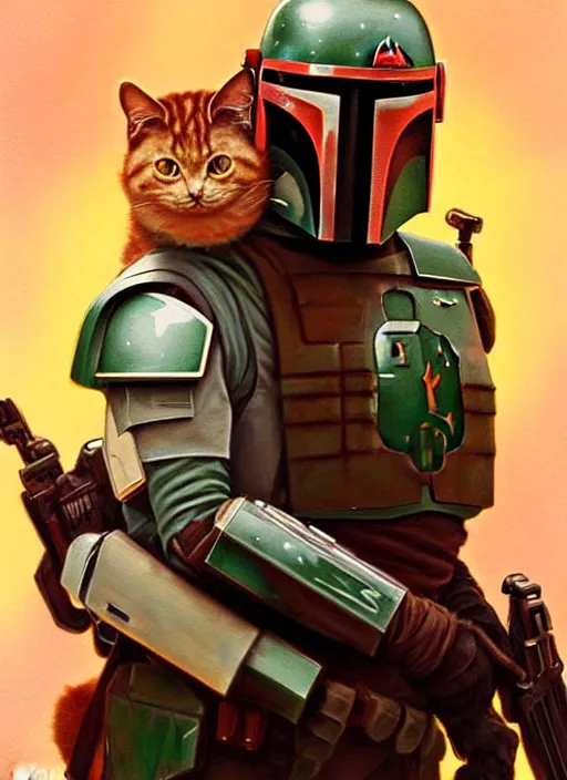 Prompt: boba fett holding a fat ginger cat in his arms, star wars, beautiful glowing lights, sci - fi, stunning, intricate, elegant. highly detailed, digital painting. artstation. smooth. sharp focus. illustration. art by artgerm and greg rutkowski and alphonse mucha