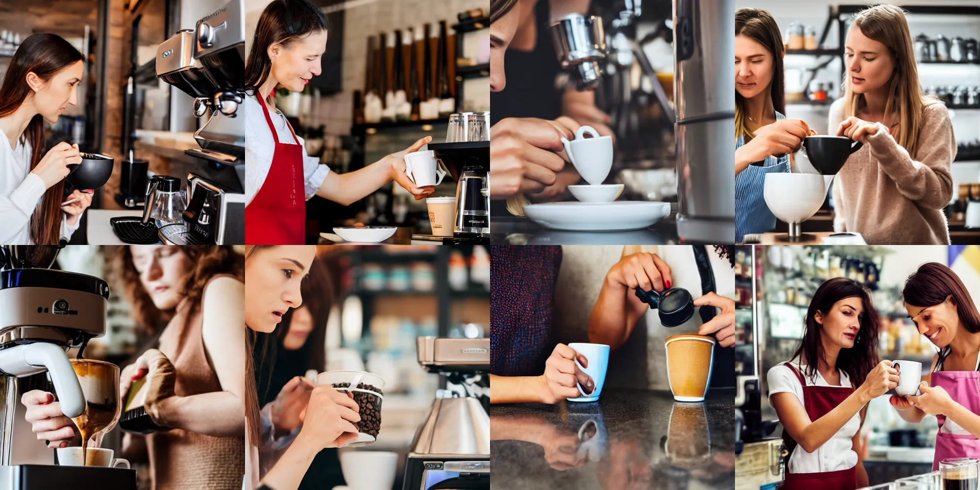 Prompt: professional extreme close-up photo of two women creating a coffee in a shop, Ukraine. professional photo