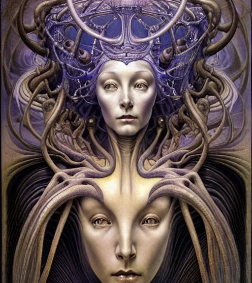 Image similar to detailed realistic beautiful young cher alien robot as queen of andromeda galaxy portrait by jean delville, gustave dore and marco mazzoni, art nouveau, symbolist, visionary, baroque, giant fractal details. horizontal symmetry by zdzisław beksinski, iris van herpen, raymond swanland and alphonse mucha. highly detailed, hyper - real, beautiful