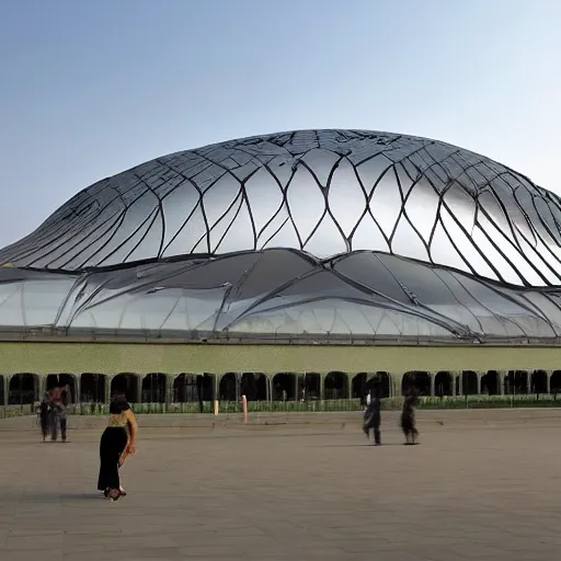 Prompt: Baghdad national stadium, iron and glass detailed, by zaha Hadid, inside green park,