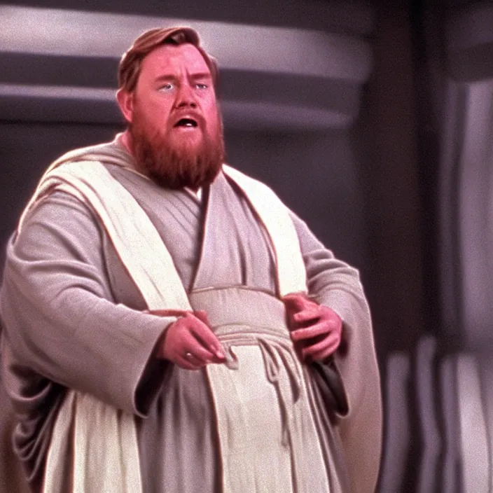 Image similar to obi wan kenobi but obese!! and overweight, photoralistic rendering, movie still, screenshot, hyperdetailed