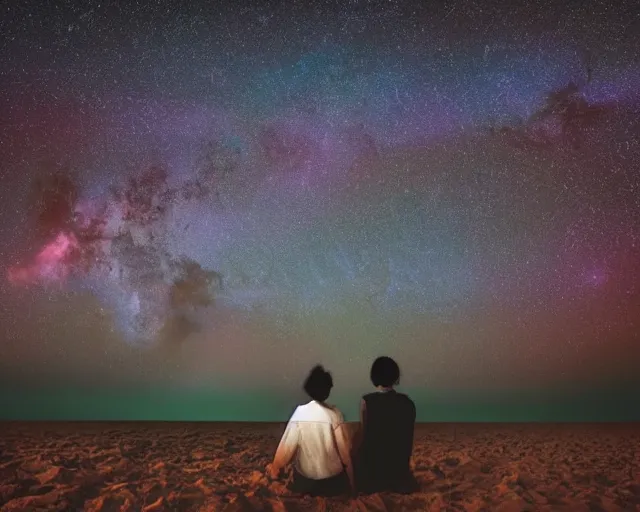 Image similar to a couple looking at the stars in the sky, a stock photo by ryusei kishida,, shutterstock contest winner, space art, nightscape, sense of awe, redshift