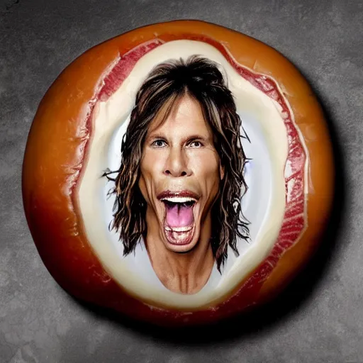 Prompt: steven tyler's face on a juicy tbone steak