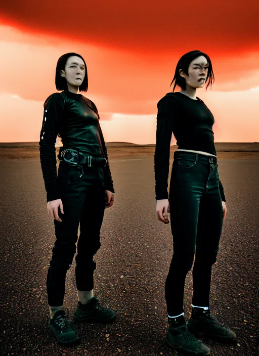 Image similar to cinestill 5 0 d photographic portrait of two loving female androids wearing rugged black techwear on a desolate plain with a red sky, extreme closeup, lizard on ground, cyberpunk style, in front of a brutalist dark metal facility, dust storm, 8 k, hd, high resolution, 3 5 mm, f / 3 2, ultra realistic faces