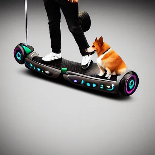 Image similar to corgi riding a hoverboard concept art, ultra realistic, digital art, rich deep colors, smooth shadows, high resolution, cinematic