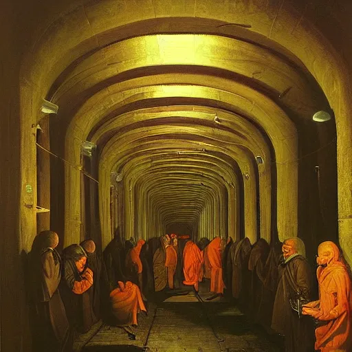 Image similar to underground tunnels inhabited by hooded monks, mechanical computers, lights and switches, portal to the dreamworld, baroque oil painting