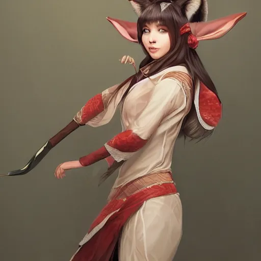 Prompt: A potrait of a beautiful, shapely woman with fox ears wearing a modest kimono from Skyrim, digital painting, by Stanley Artgerm Lau, WLOP, Rossdraws, LeraPi, and Sakimichan, digtial painting, trending on ArtStation, deviantart, SFW version